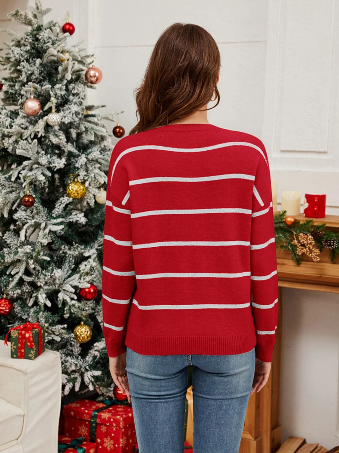 Sequin Santa Striped Round Neck Long Sleeve Sweater Christmas Sweater Womens Fashion Holiday Clothing Ugly Christmas Sweater Unisex Sweatshirt KESLEY