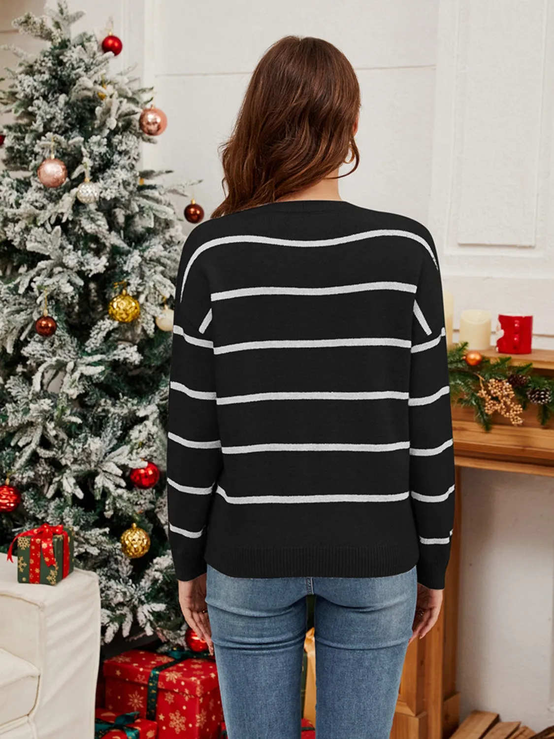 Sequin Santa Striped Round Neck Long Sleeve Sweater Christmas Sweater Womens Fashion Holiday Clothing Ugly Christmas Sweater Unisex Sweatshirt KESLEY