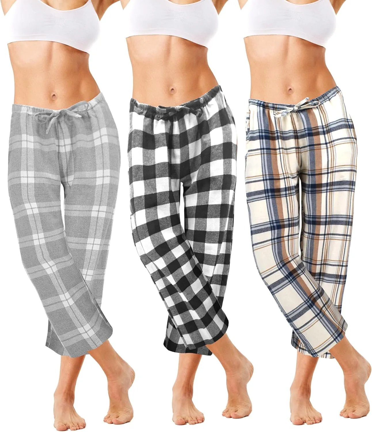 Sexy Basics Women's 3 Pack Cotton Flannel PJ Capri Bottoms | Lounge & Sleep Cropped Pants