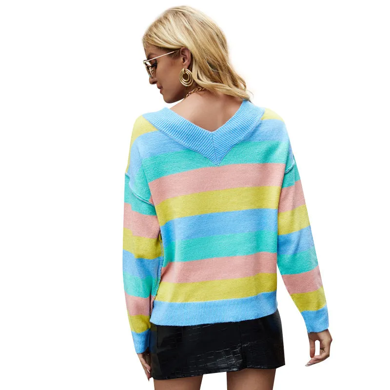 Sexy Striped Contrast V-Neck Long Sleeve Knitted Sweater Wholesale Women Clothing