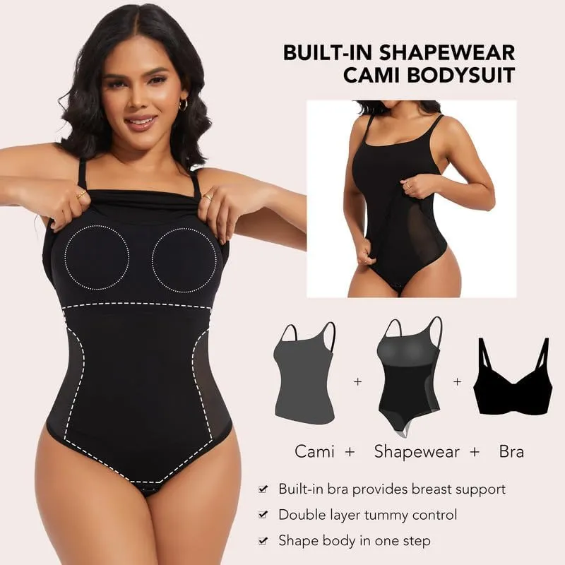 SHAPERIN Women's Cami Bodysuit Built in Shapewear Bra Tummy Control Camisole Tank Top Thong Leotard