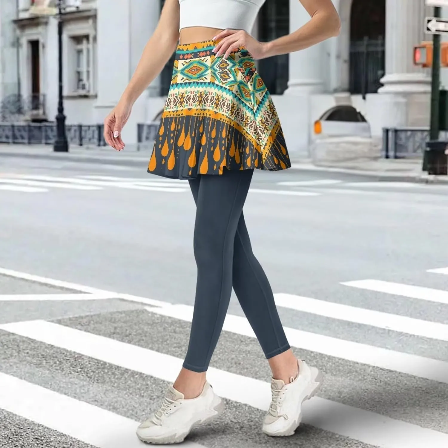 Skirted Leggings for Women with Pockets Ankle Length Tennis Pickleball Pants Ruffle Pleated Skirt Attached Leggings