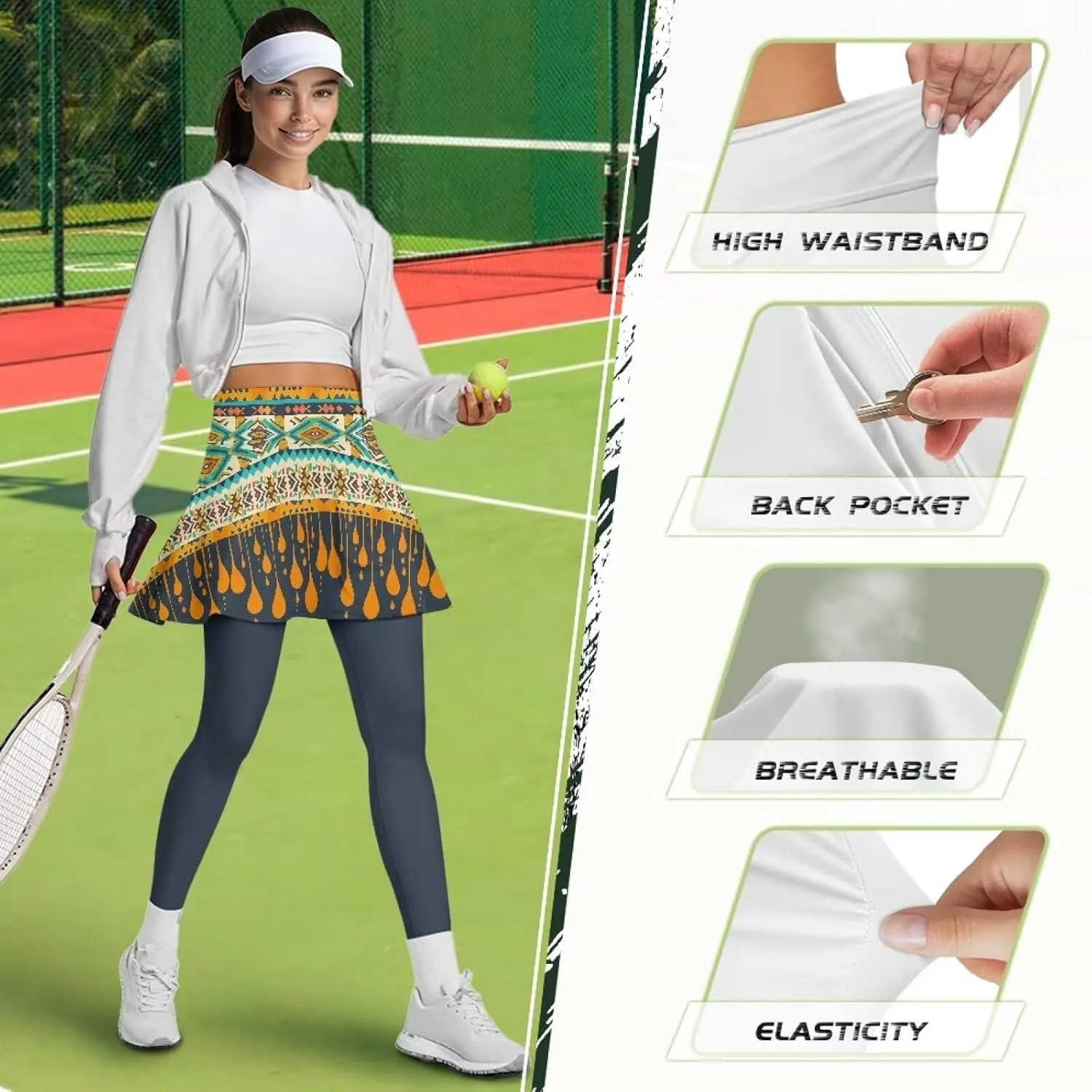 Skirted Leggings for Women with Pockets Ankle Length Tennis Pickleball Pants Ruffle Pleated Skirt Attached Leggings