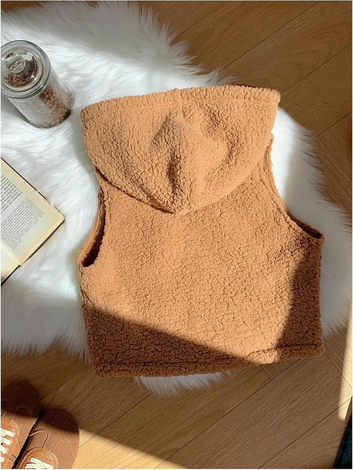 SOLY HUX Women's Fuzzy Vest Zip Up Sleeveless Hoodies Casual Cropped Vest Jacket