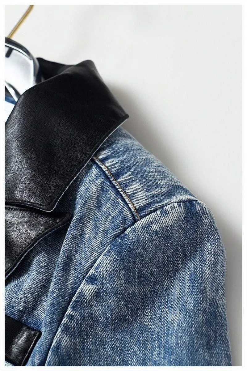 Streetwear Leather Collar Denim Blazer For Women