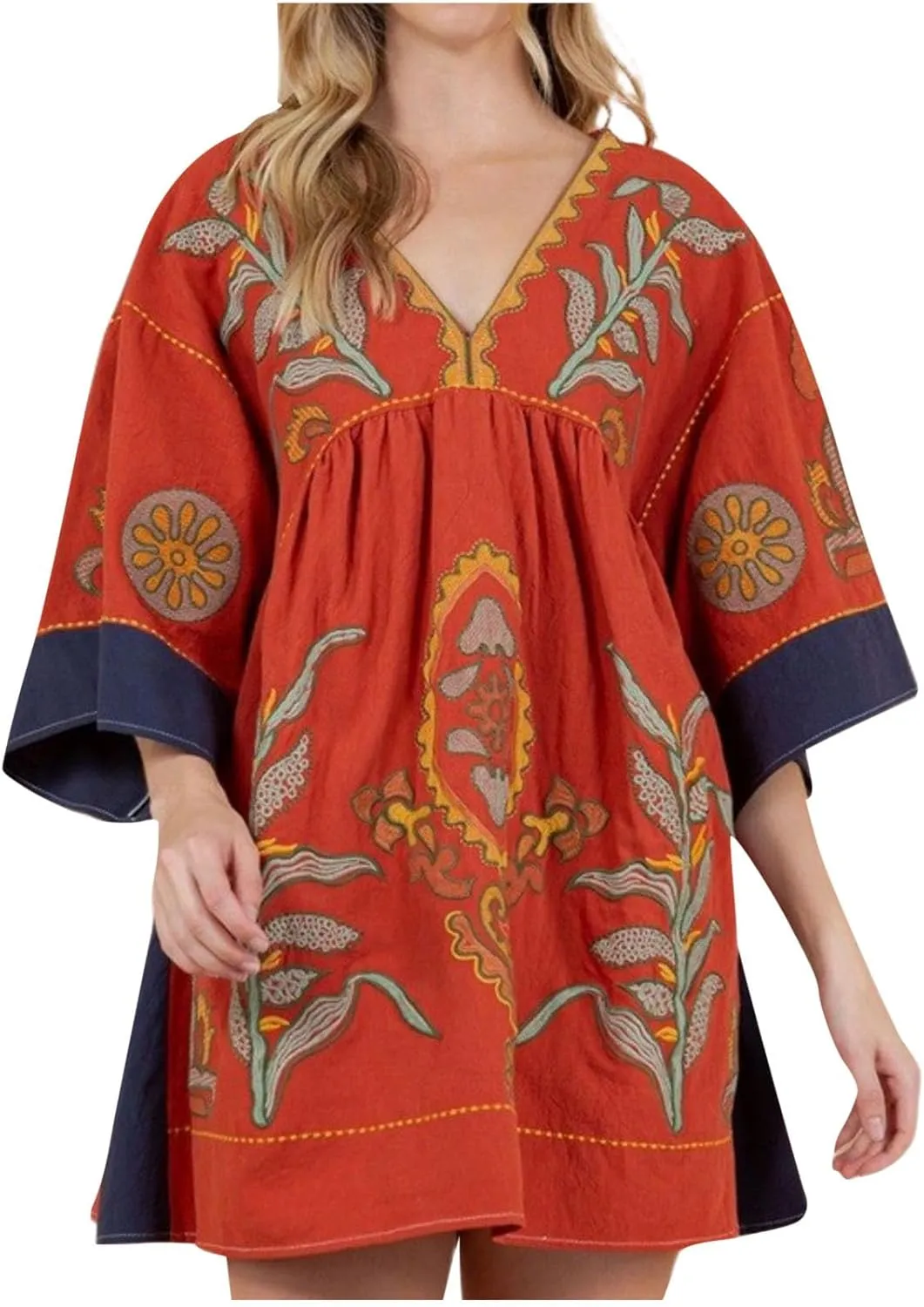 Summer Dresses for Women 2024,Long Sleeve V Neck Boho Dresses Flowy Short Dress Fashion Mini Dress