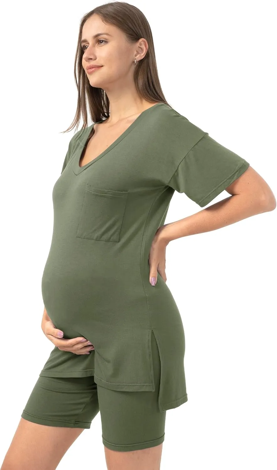 SUNNYBUY Maternity Pajamas Set 2 Piece Outfits V Neck Short Sleeve Shirts and Biker Shorts Pregnancy Postpartum Loungewear