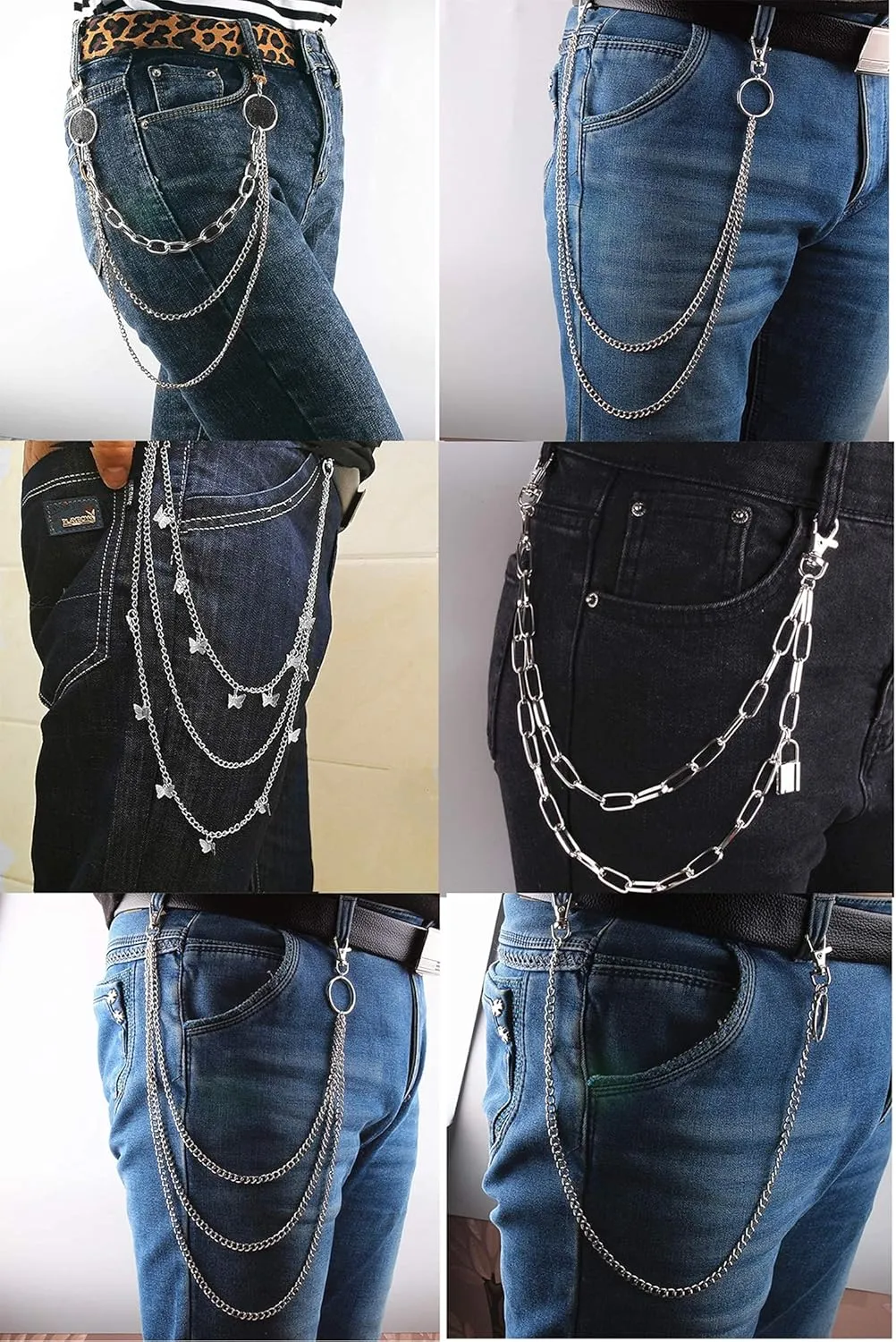 Taouzi 6 Pieces Pants Chain Wallet Chain Butterfly Lock Charm Jeans Chains Pocket Punk Chain Hip Hop Rock Chains for Women Men