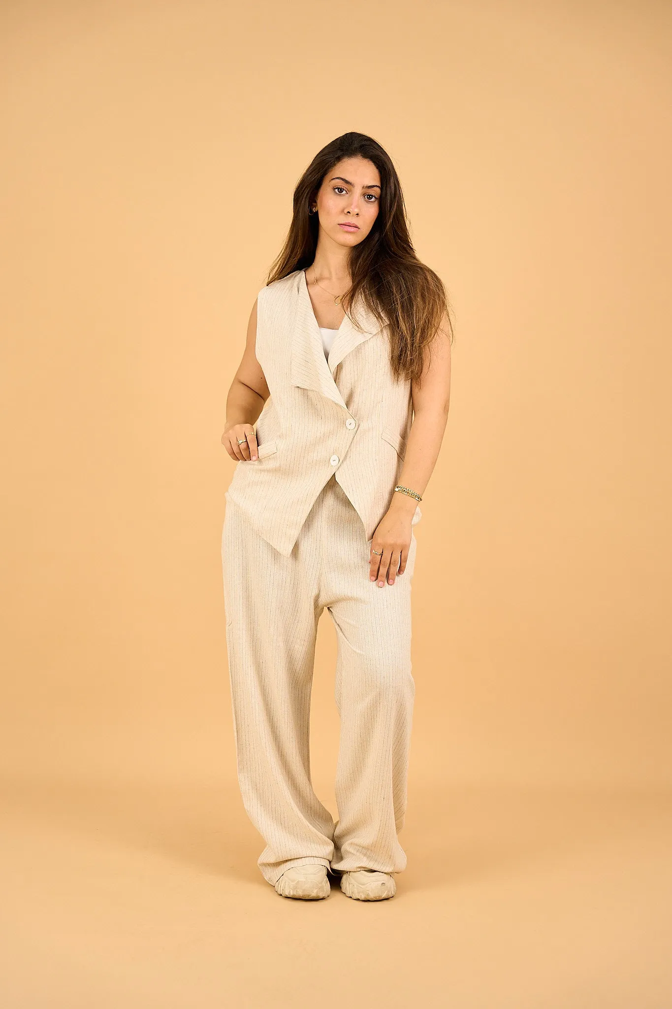 TIMBER - Tailored Sleeveless Stripped Beige Vest