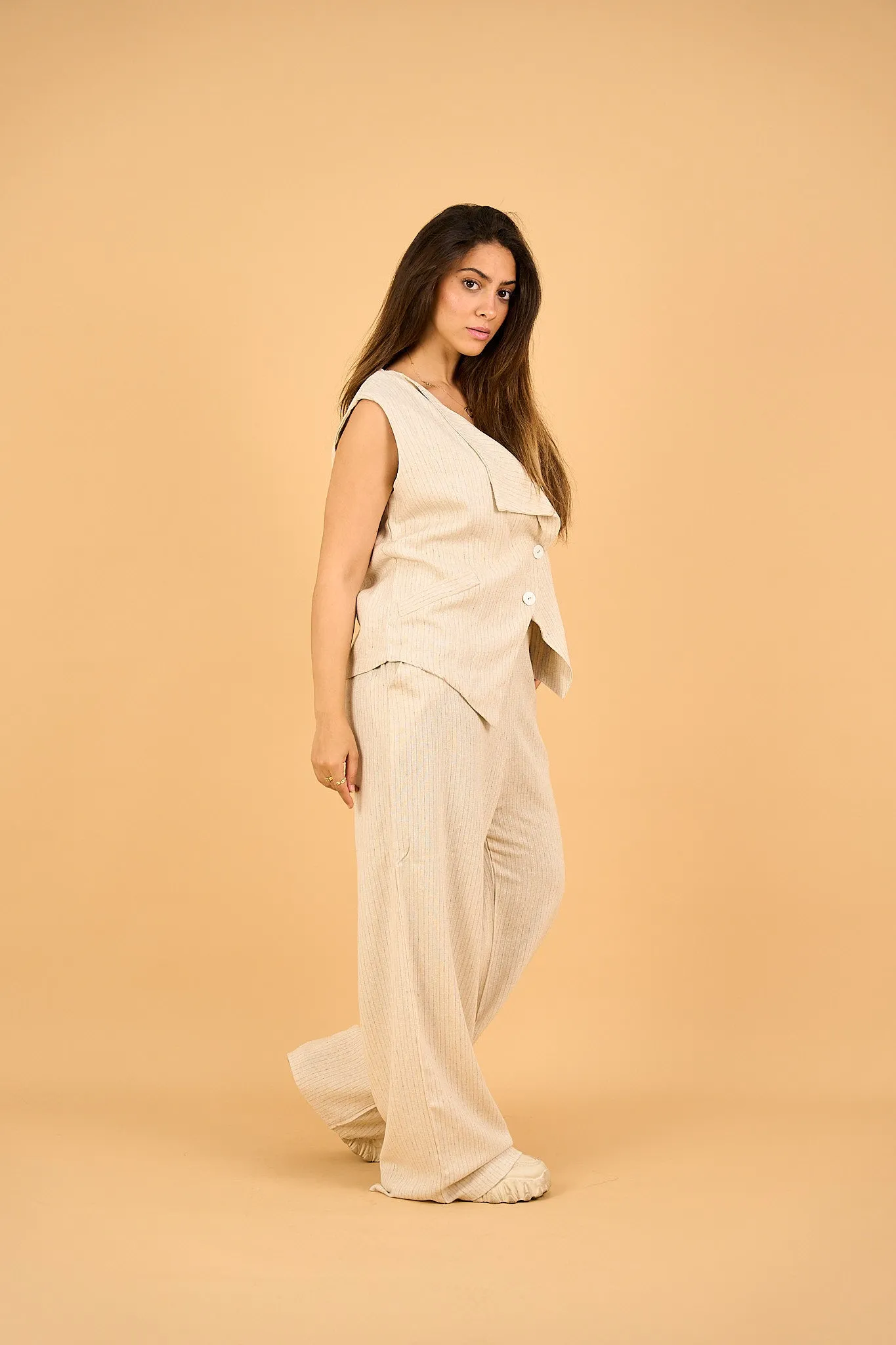 TIMBER - Tailored Sleeveless Stripped Beige Vest