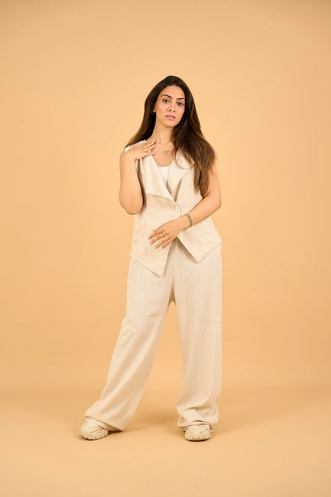 TIMBER - Tailored Sleeveless Stripped Beige Vest