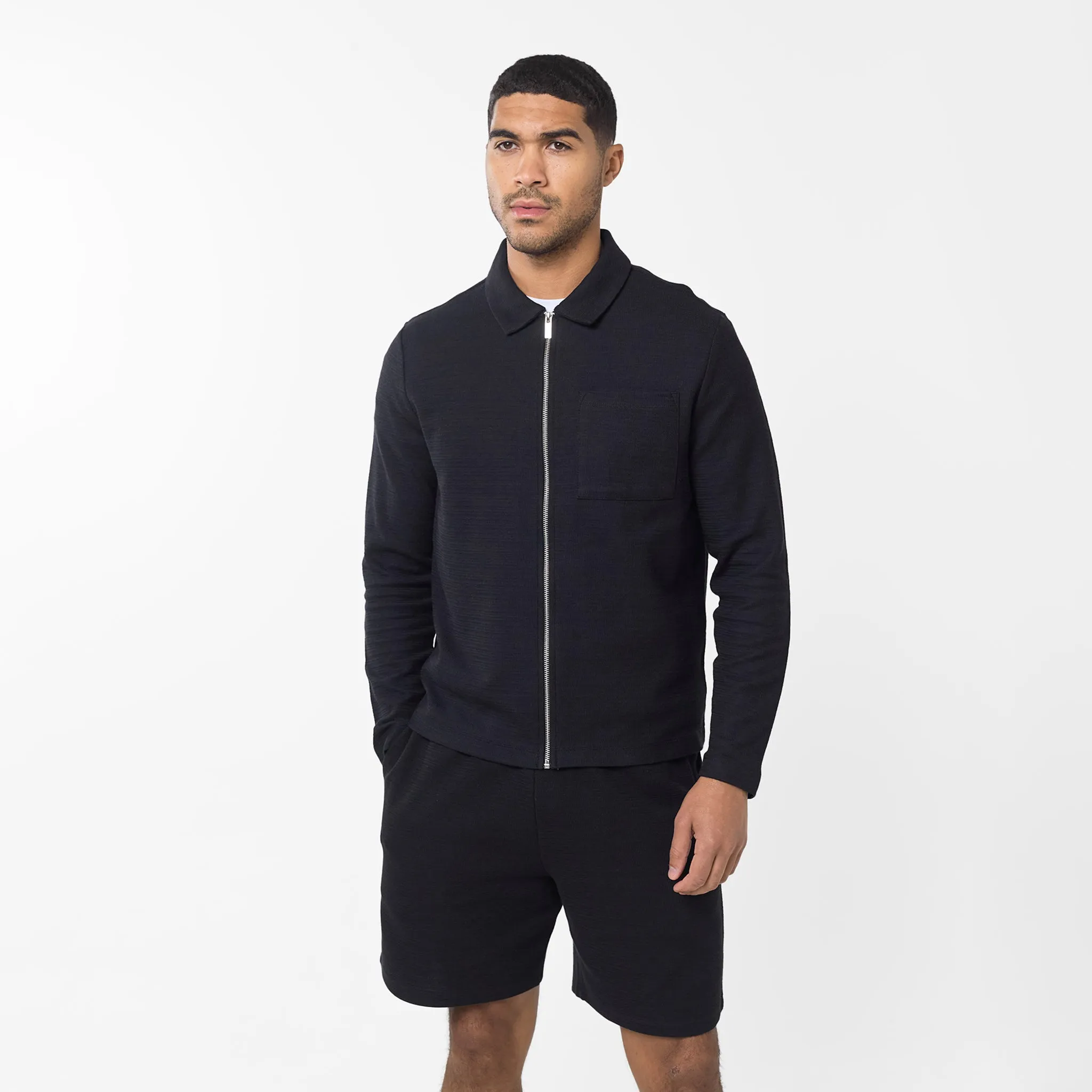 Tonal Knit Zipped Overshirt | Black