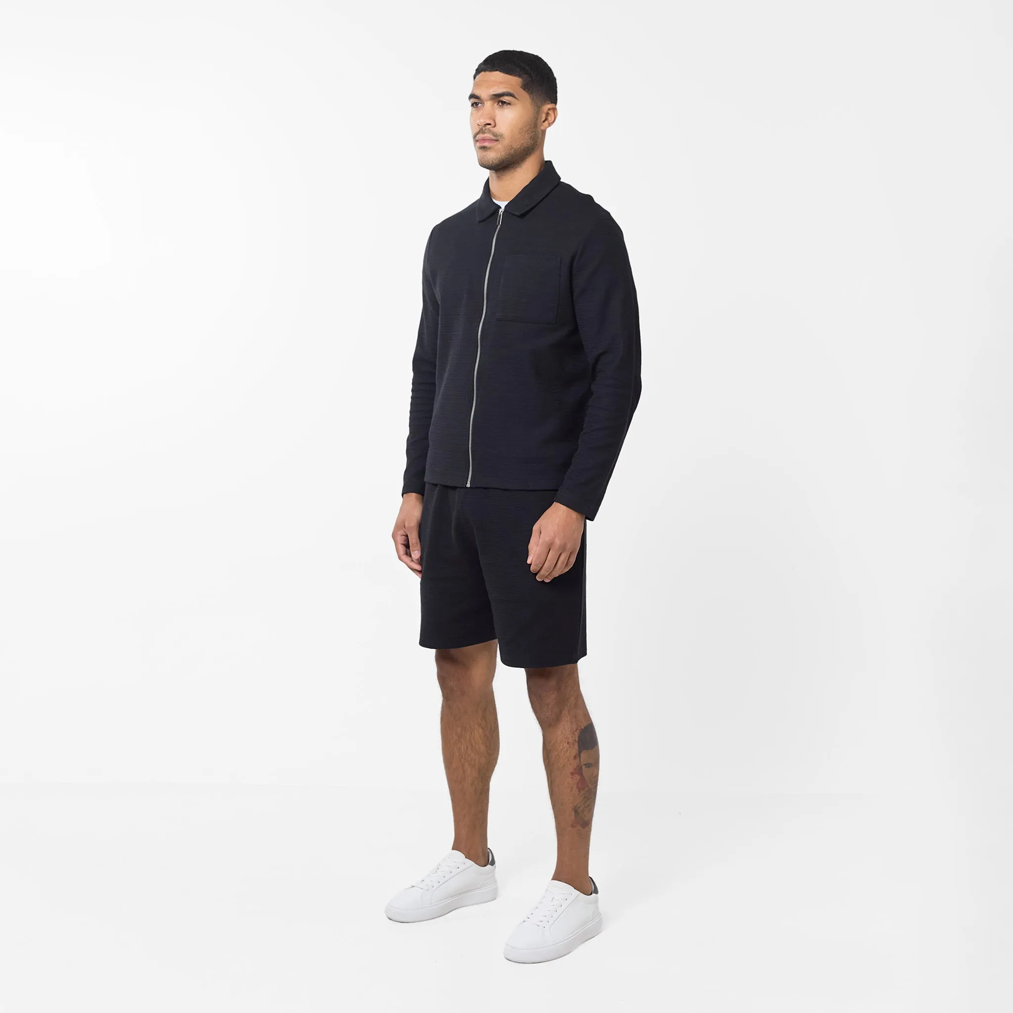 Tonal Knit Zipped Overshirt | Black