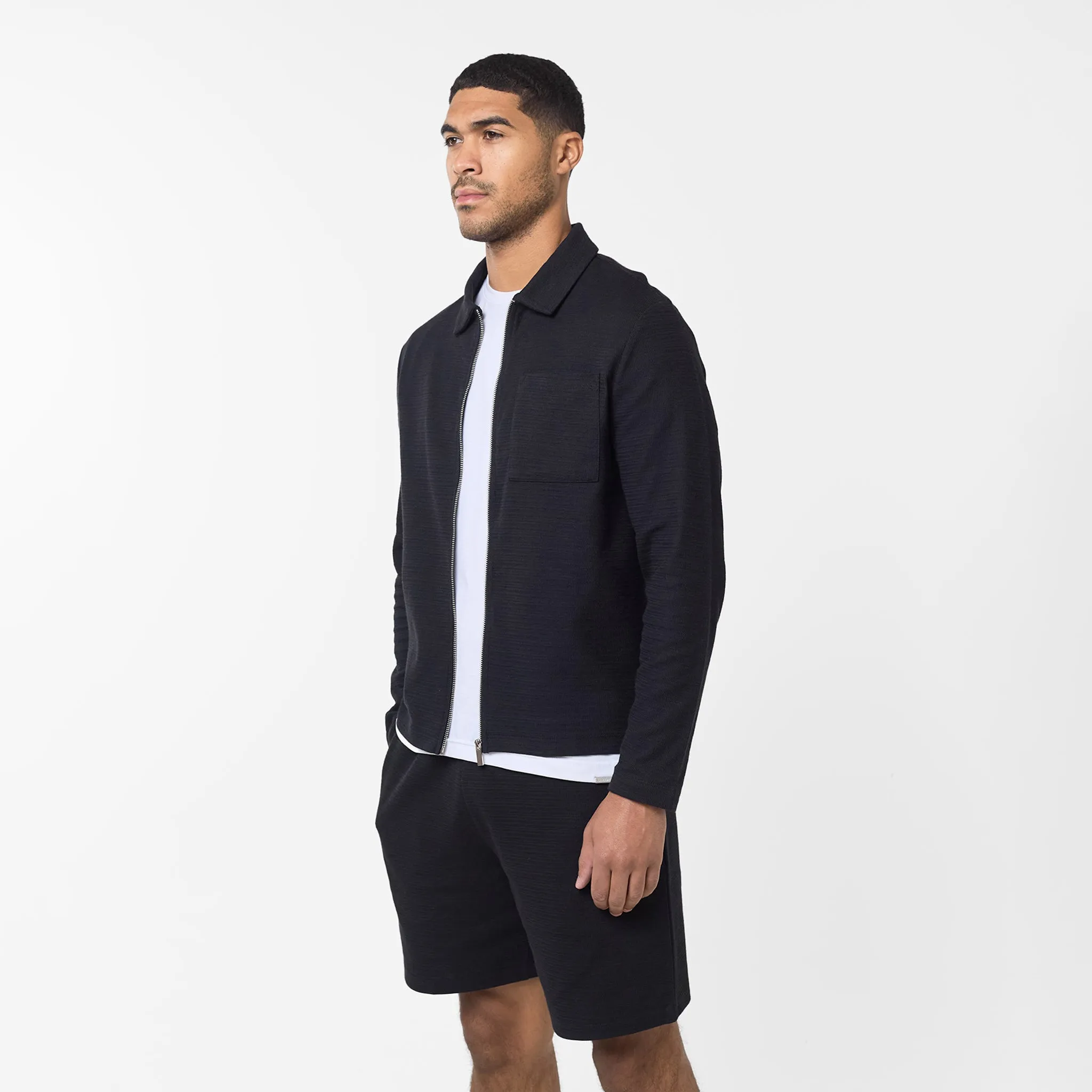 Tonal Knit Zipped Overshirt | Black