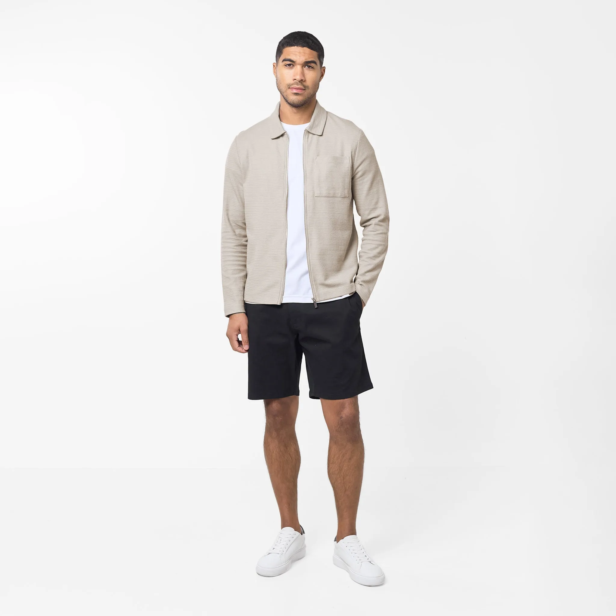 Tonal Knit Zipped Overshirt | Stone