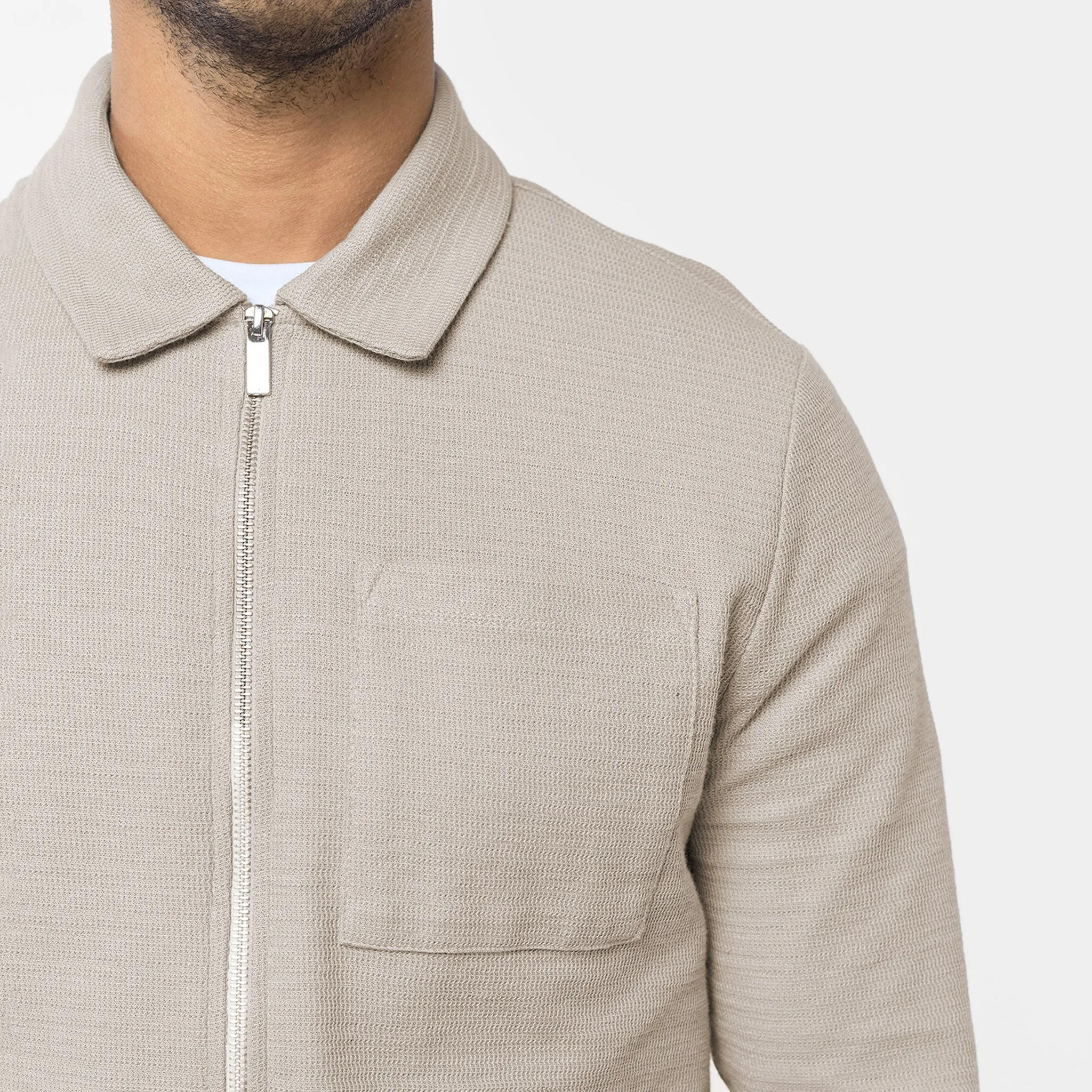 Tonal Knit Zipped Overshirt | Stone