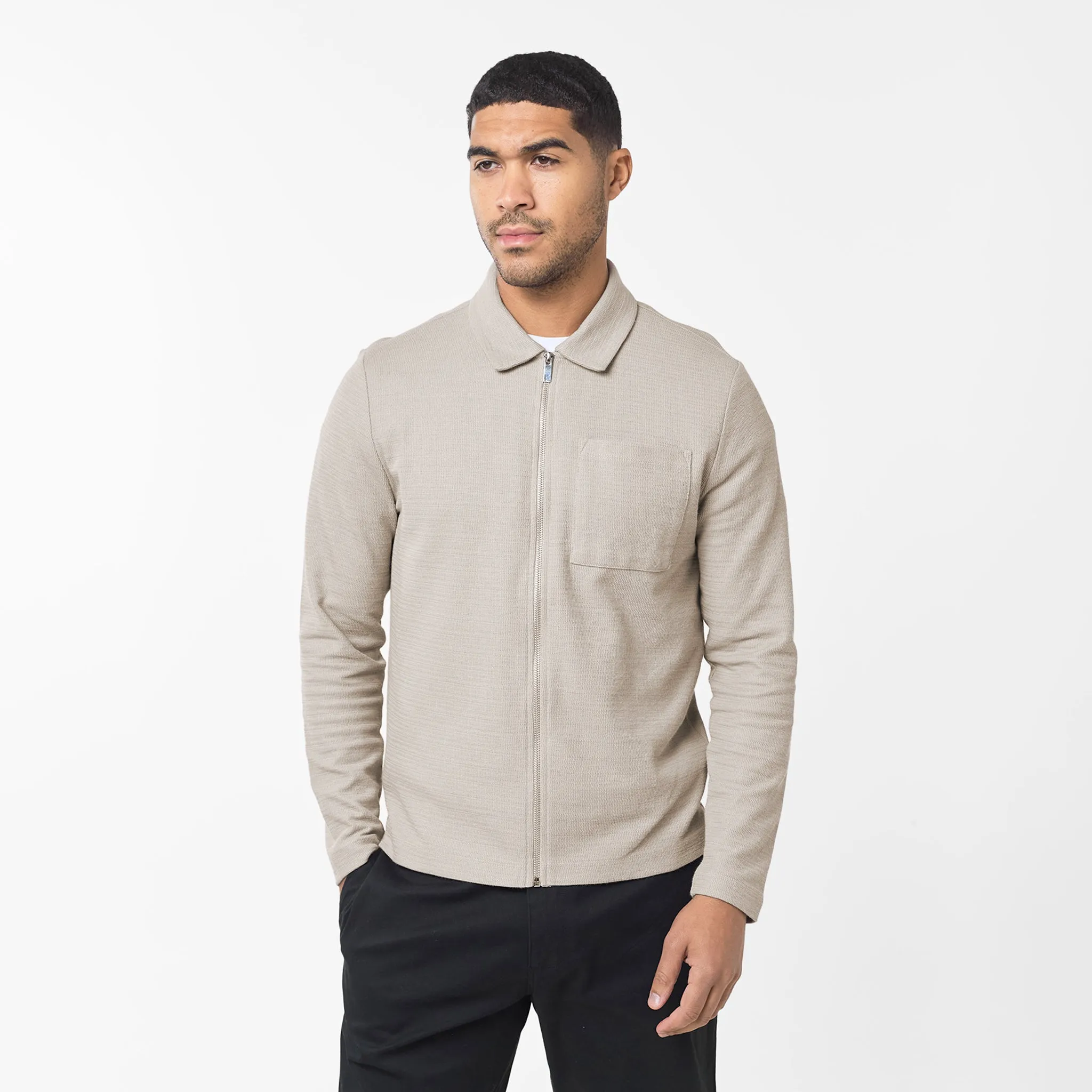 Tonal Knit Zipped Overshirt | Stone