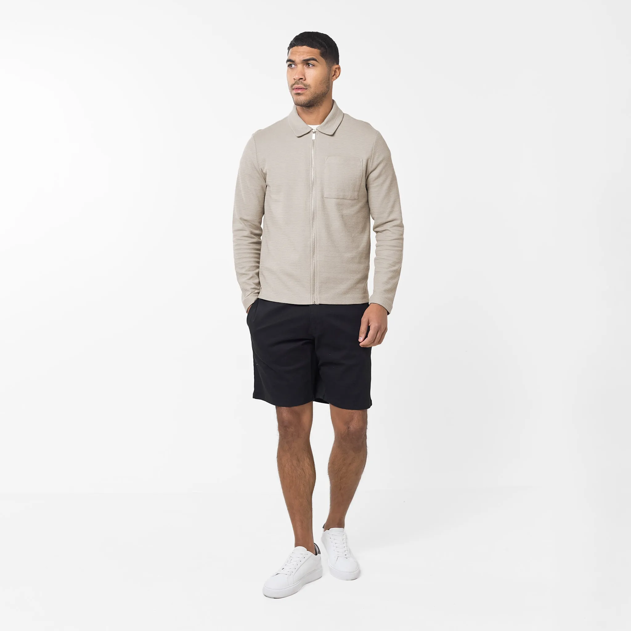Tonal Knit Zipped Overshirt | Stone