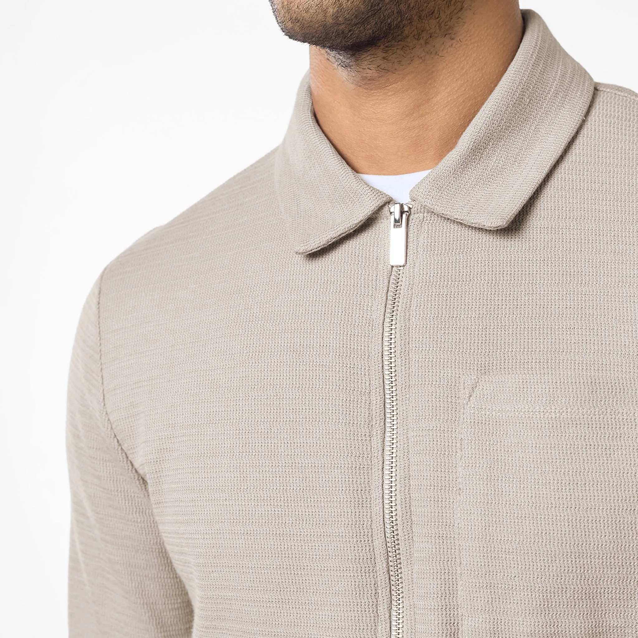 Tonal Knit Zipped Overshirt | Stone