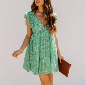 V-Neck Printed Flowy Chiffon Sleeveless Wooden Ears Mini Dress Wholesale Dresses