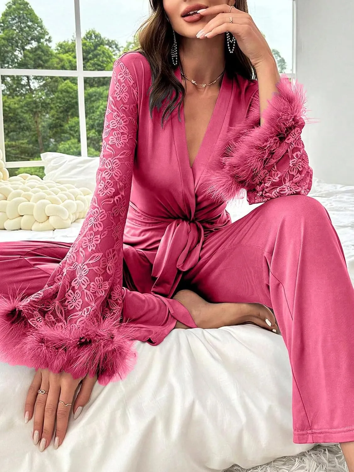 Verdusa Women's 2 Piece Feather Satin Pajama Set Floral Mesh Long Sleeve Belted Top and Pants