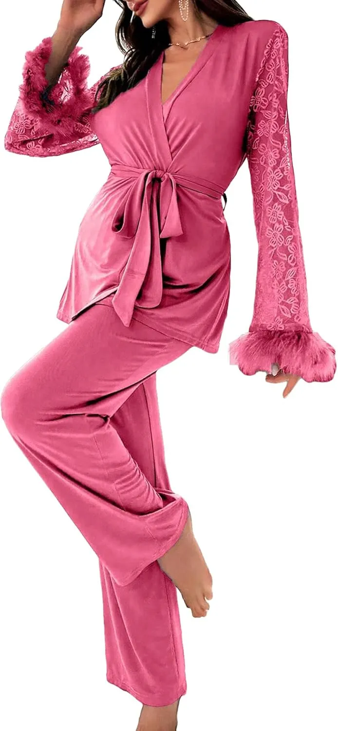 Verdusa Women's 2 Piece Feather Satin Pajama Set Floral Mesh Long Sleeve Belted Top and Pants