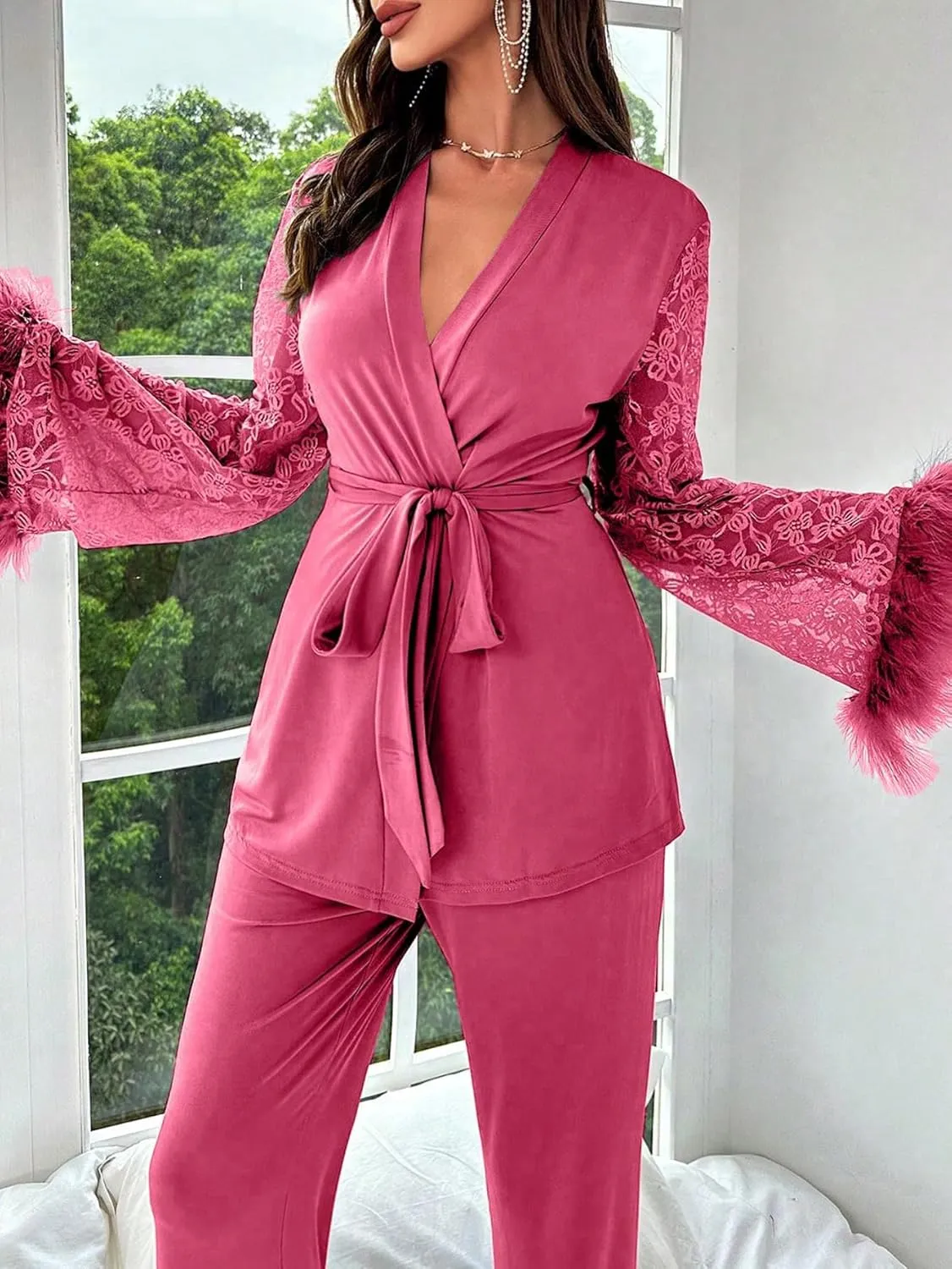 Verdusa Women's 2 Piece Feather Satin Pajama Set Floral Mesh Long Sleeve Belted Top and Pants
