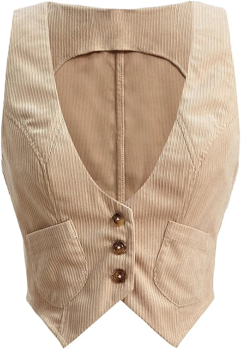 Verdusa Women's Button Front Scoop Neck Sleeveless Patch Pocket Crop Vest Blazer Jacket