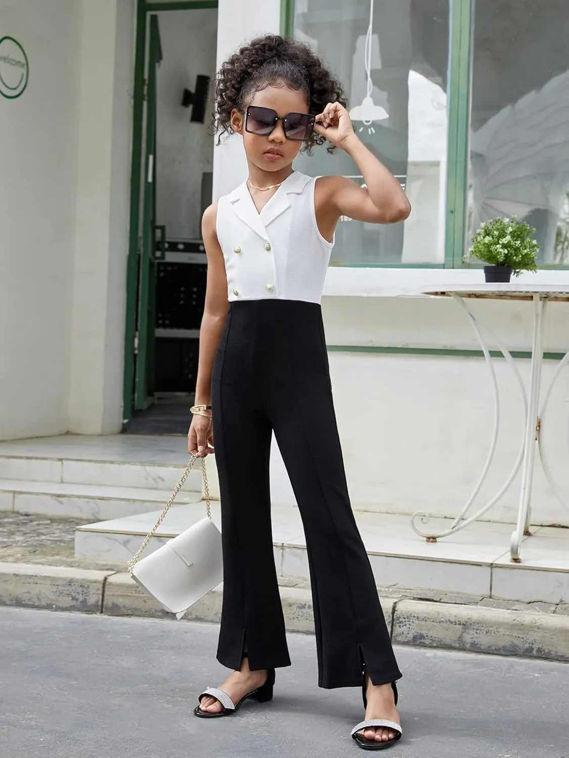 WDIRARA Girl's Color Block Lapel Neck Sleeveless Flare Leg Split Hem Elegant Jumpsuit