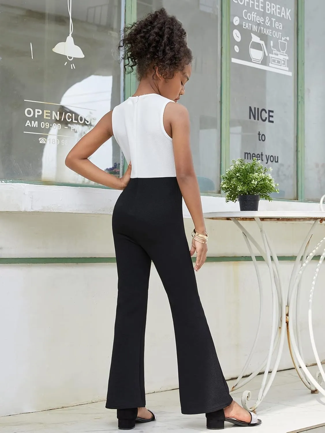 WDIRARA Girl's Color Block Lapel Neck Sleeveless Flare Leg Split Hem Elegant Jumpsuit