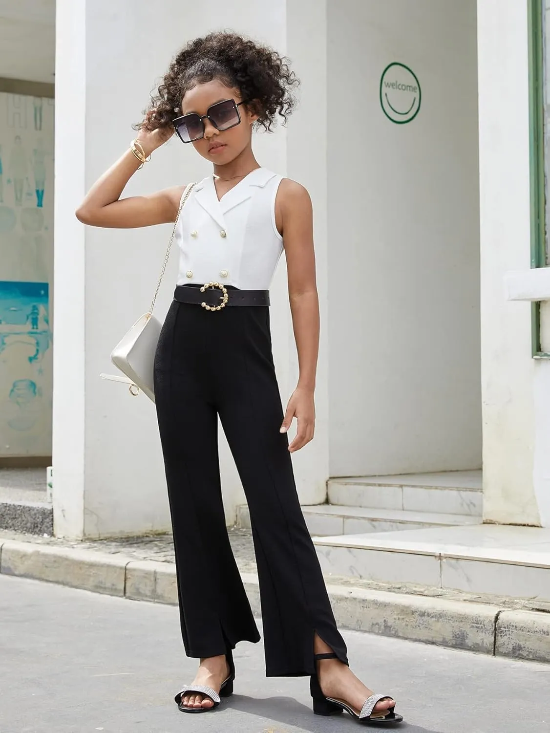 WDIRARA Girl's Color Block Lapel Neck Sleeveless Flare Leg Split Hem Elegant Jumpsuit