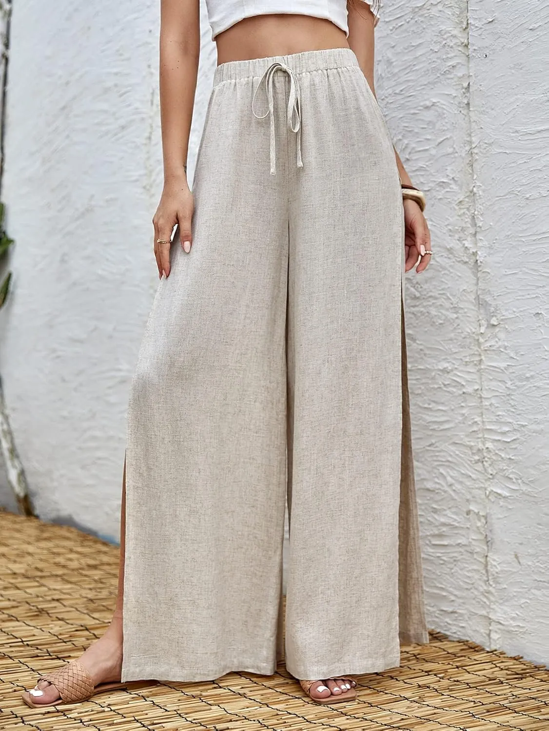 WDIRARA Women's Tie Front Elastic Waist Split Side Wide Leg Casual Pants