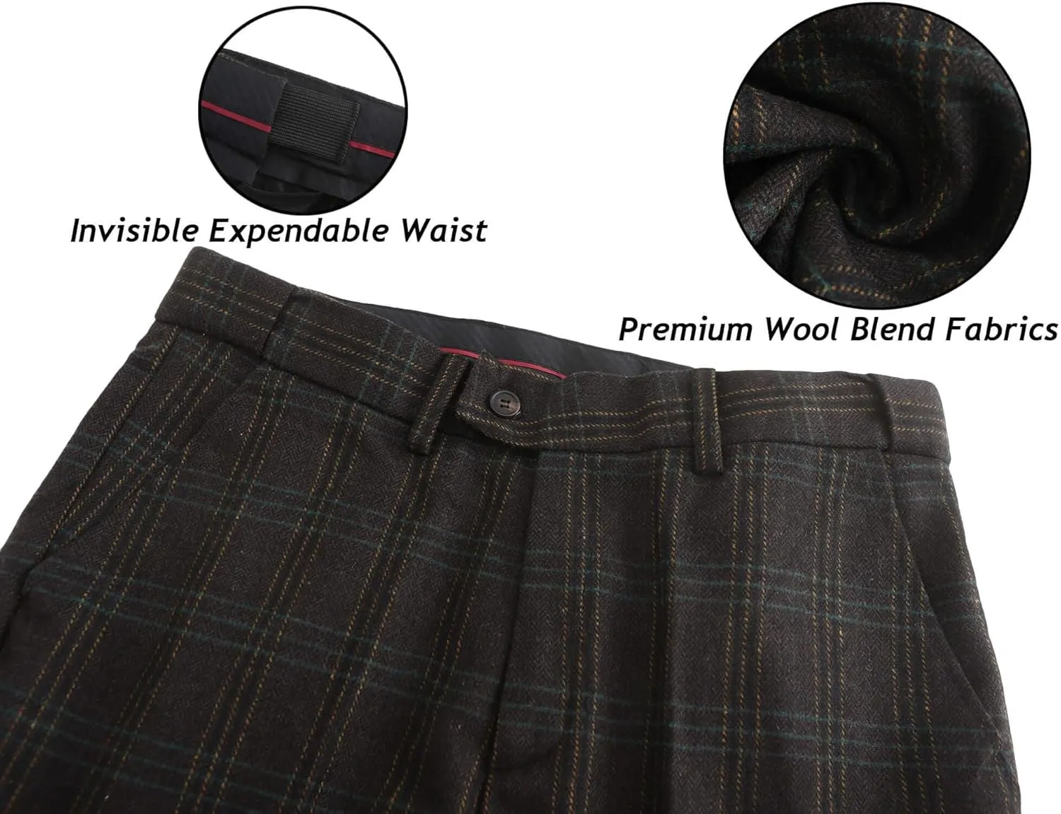 Wemaliyzd Mens Vintage 3 Piece Checkered Plaid Suit Tweed Blazer Vest Pants