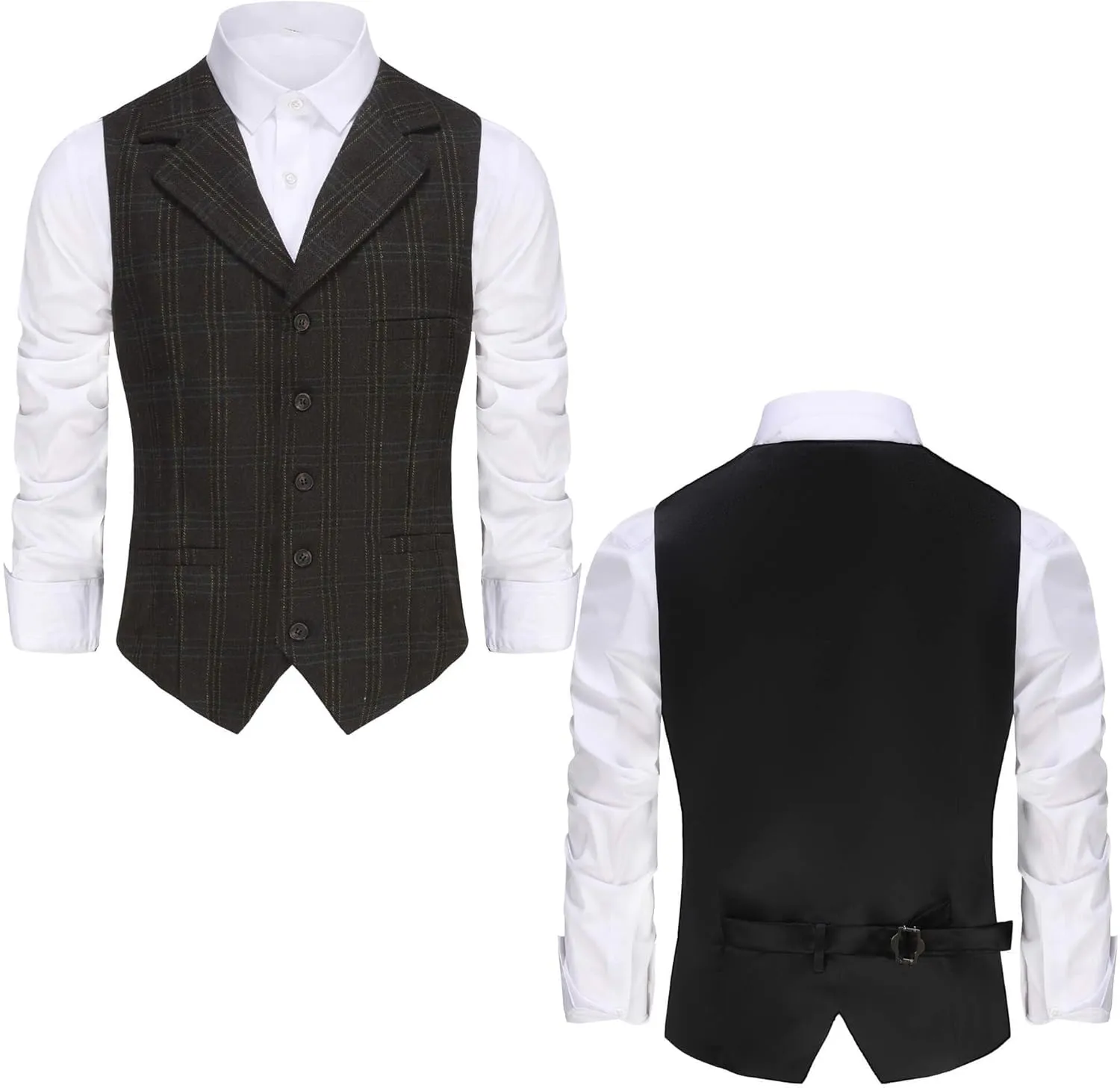Wemaliyzd Mens Vintage 3 Piece Checkered Plaid Suit Tweed Blazer Vest Pants