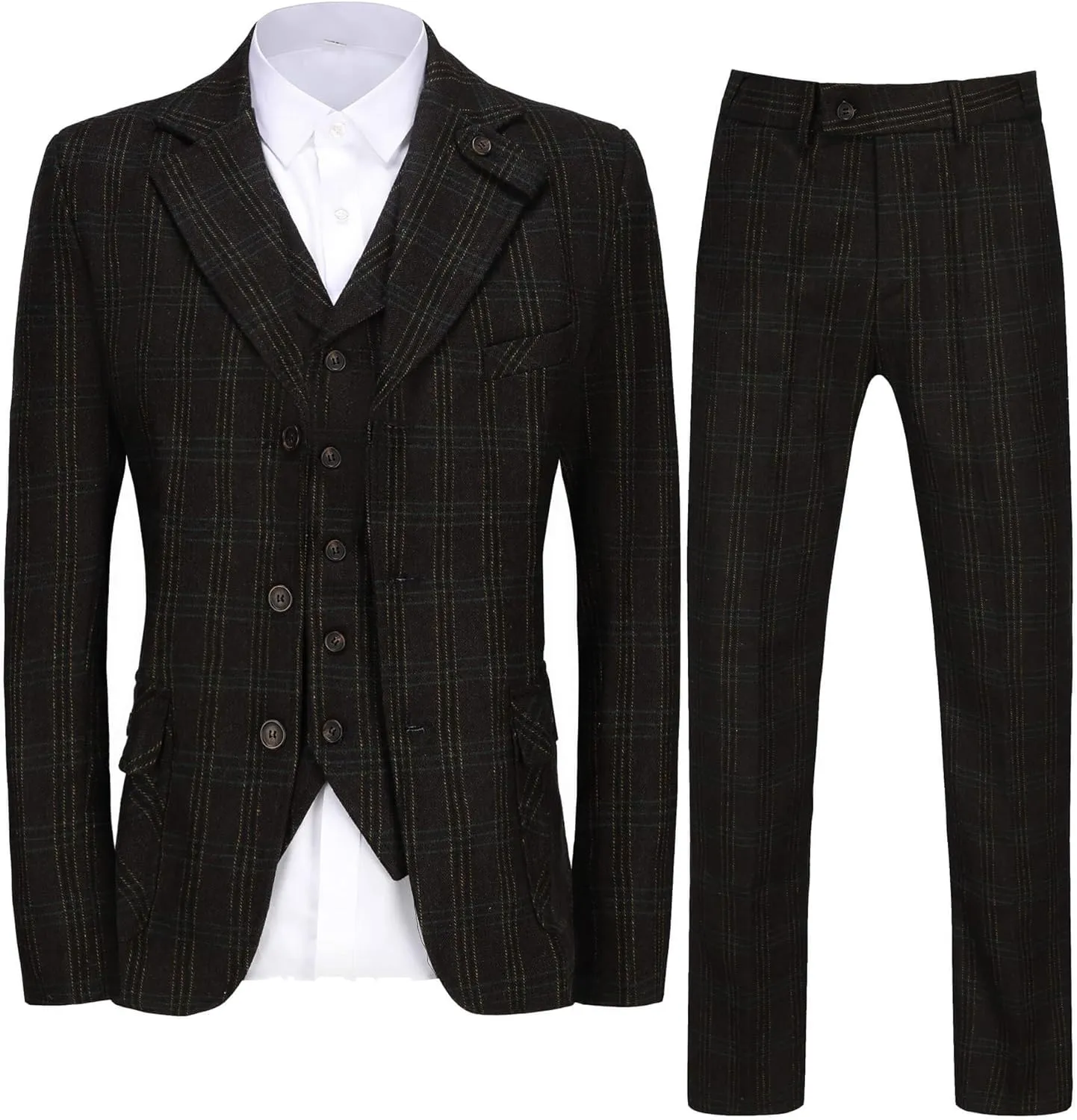 Wemaliyzd Mens Vintage 3 Piece Checkered Plaid Suit Tweed Blazer Vest Pants