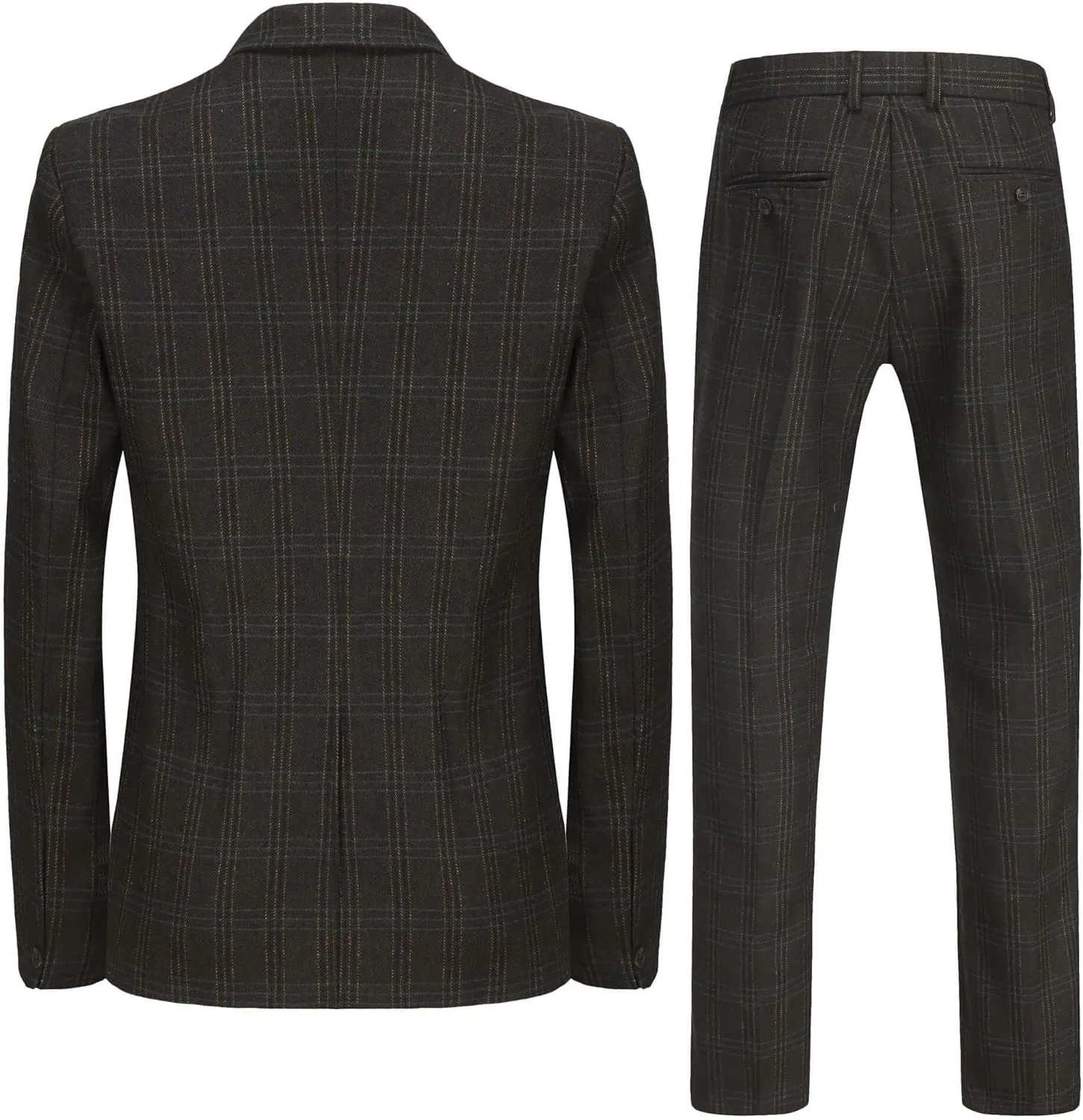 Wemaliyzd Mens Vintage 3 Piece Checkered Plaid Suit Tweed Blazer Vest Pants