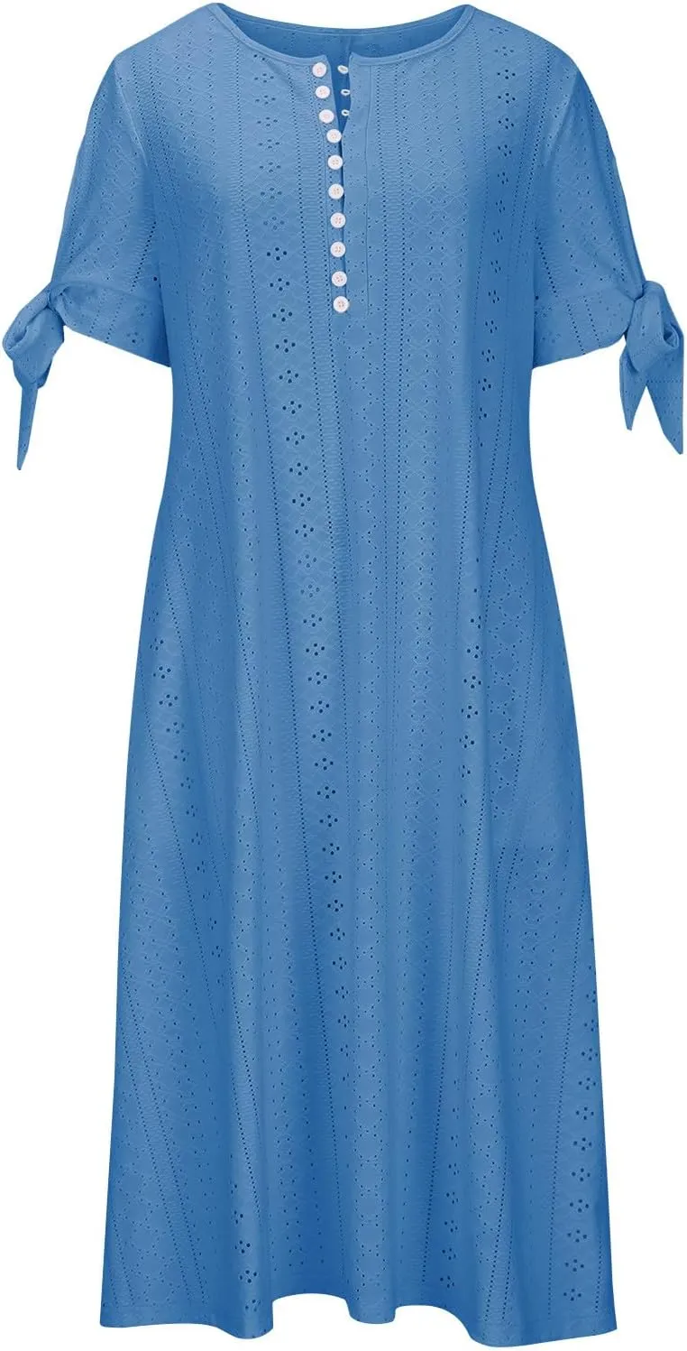 Women Short Sleeve Beach Midi Dresses Lightweight Eyelet Sundress Comfortable Trendy Clothes with Pockets