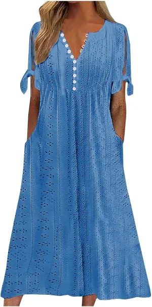 Women Short Sleeve Beach Midi Dresses Lightweight Eyelet Sundress Comfortable Trendy Clothes with Pockets