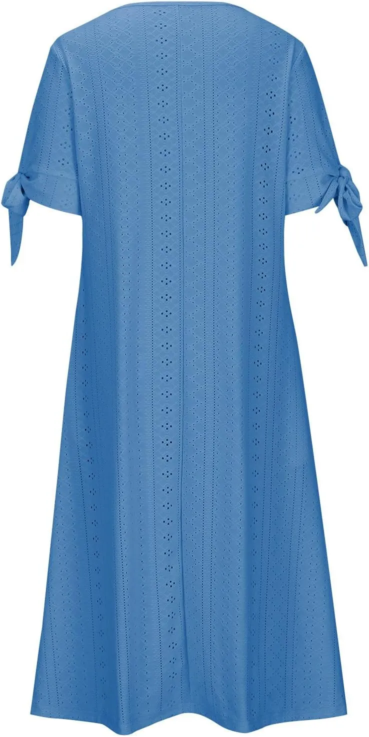 Women Short Sleeve Beach Midi Dresses Lightweight Eyelet Sundress Comfortable Trendy Clothes with Pockets