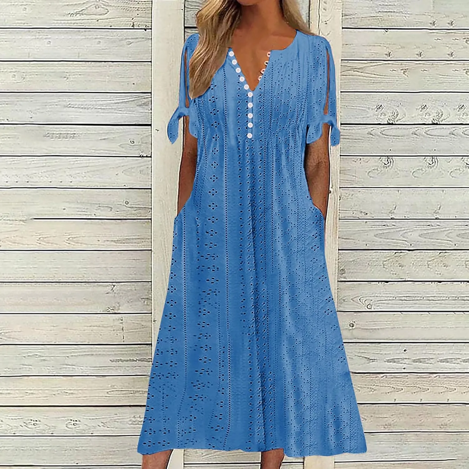 Women Short Sleeve Beach Midi Dresses Lightweight Eyelet Sundress Comfortable Trendy Clothes with Pockets