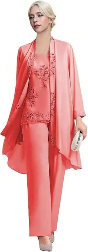 Women's 3 pcs Mother of The Bride Pant Suits Dressy Casual Long Sleeve Pantsuit for Wedding Guest