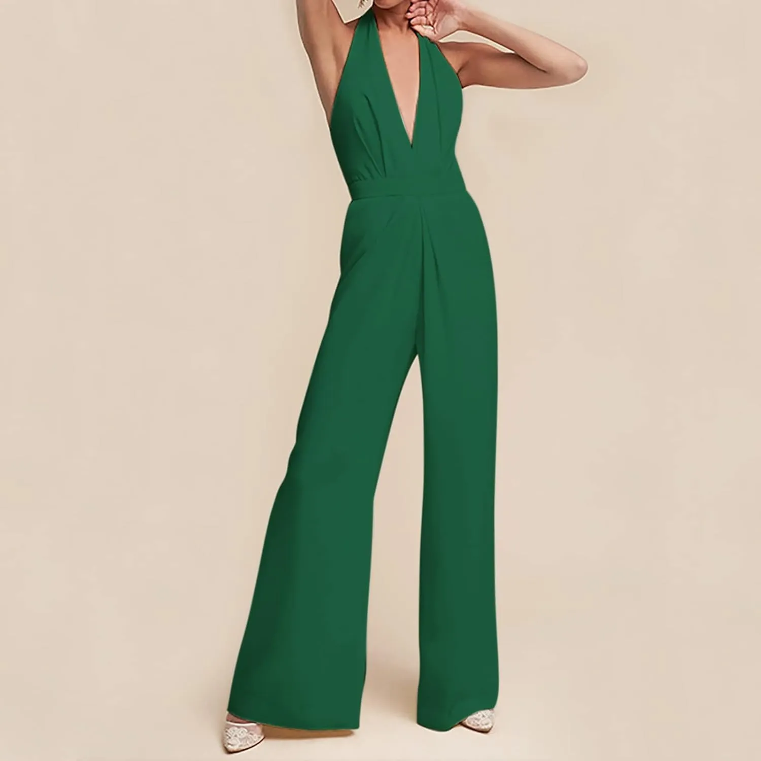 Women's Sexy Deep V Neck Halter Jumpsuits High Waist Wide Leg Long Pants Wedding Rompers Overalls with Pockets