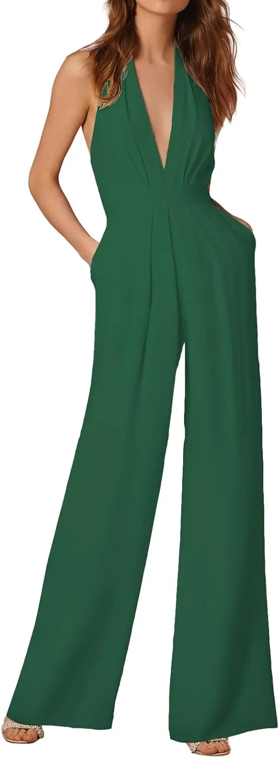 Women's Sexy Deep V Neck Halter Jumpsuits High Waist Wide Leg Long Pants Wedding Rompers Overalls with Pockets