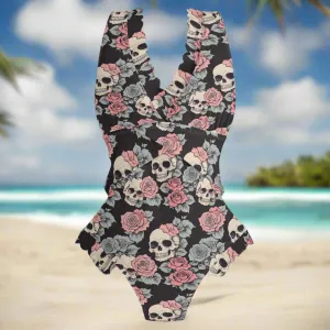 Womens Skull and Pink Rose Ruffle Edge Cross-Front One Piece Swimsuit Bathing Suit
