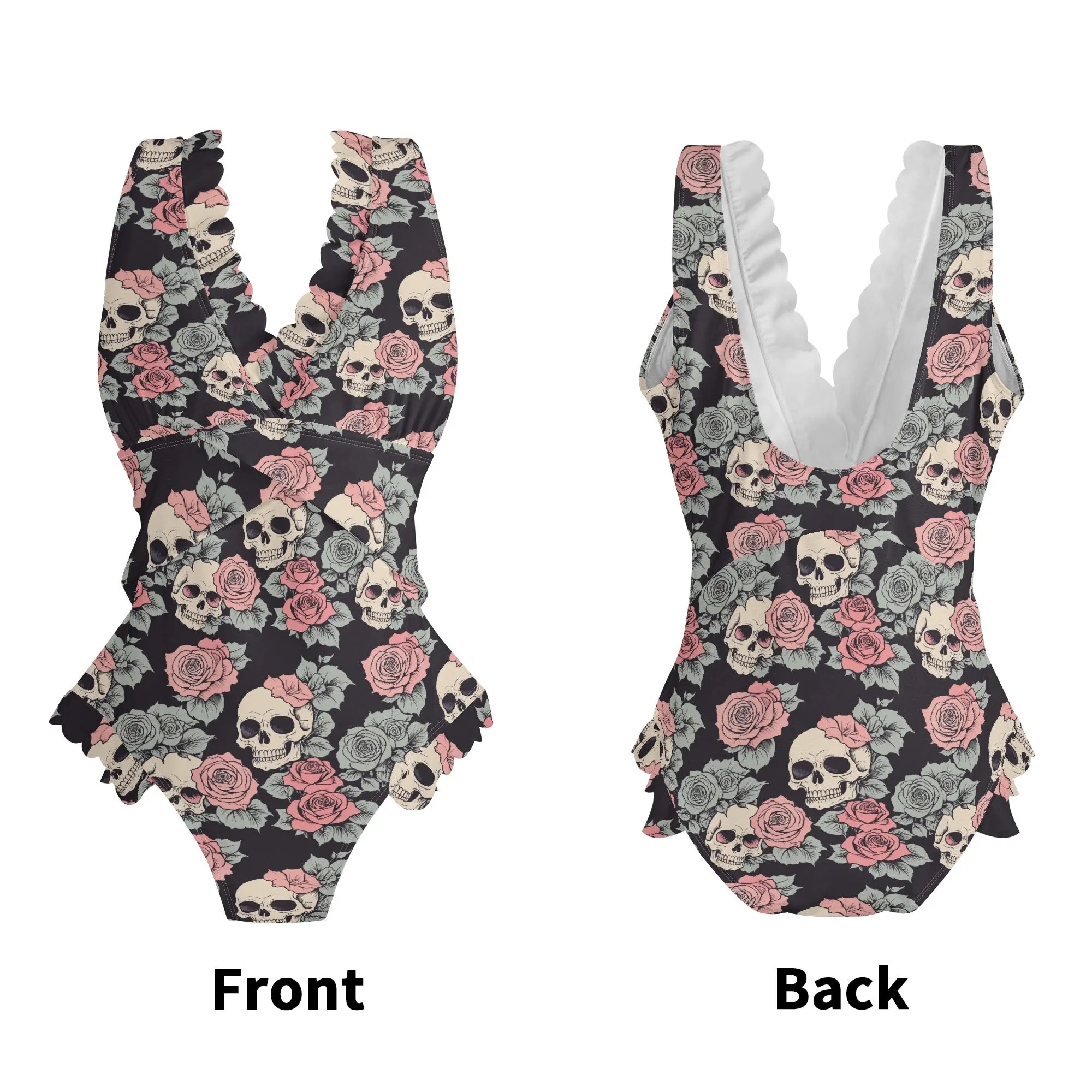 Womens Skull and Pink Rose Ruffle Edge Cross-Front One Piece Swimsuit Bathing Suit