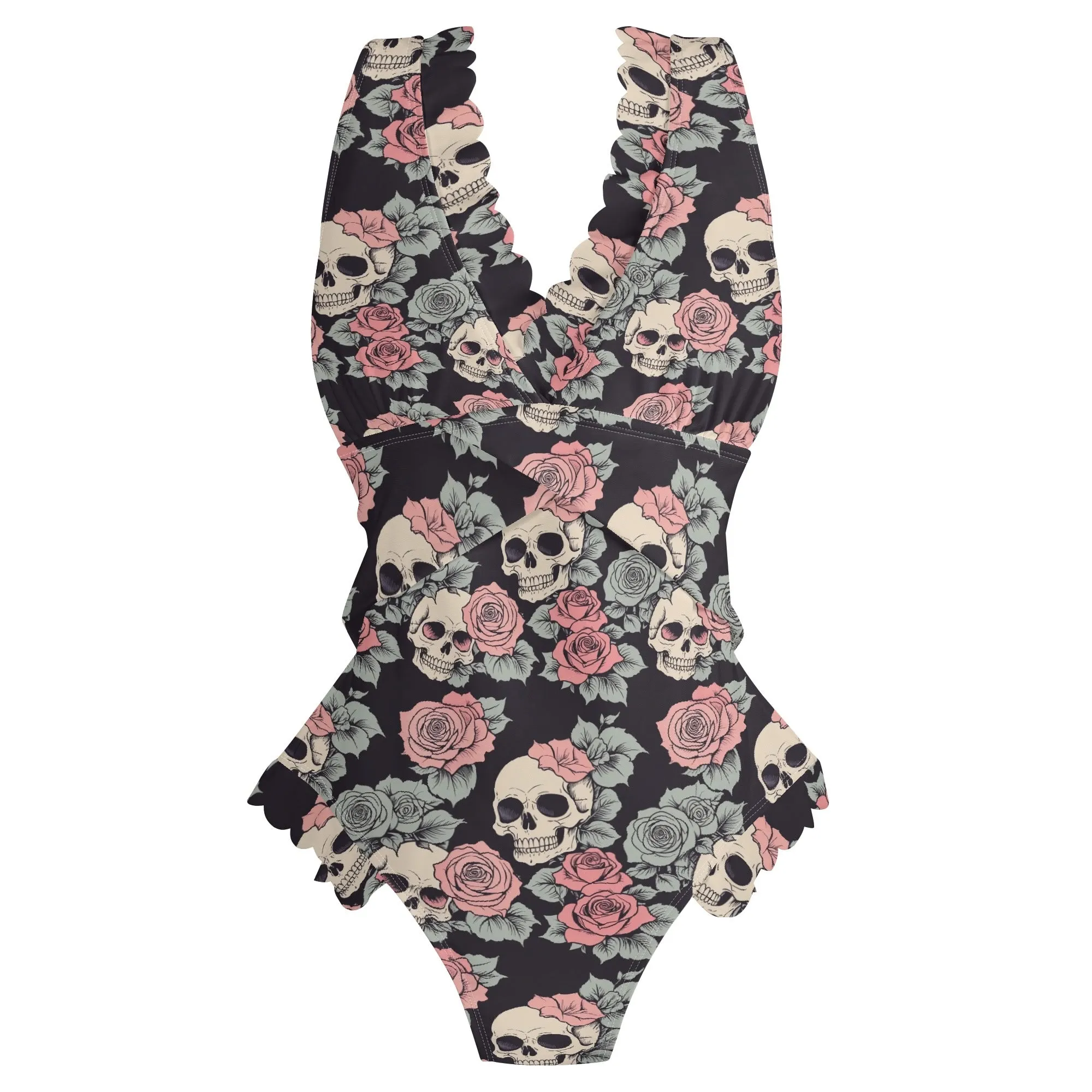 Womens Skull and Pink Rose Ruffle Edge Cross-Front One Piece Swimsuit Bathing Suit