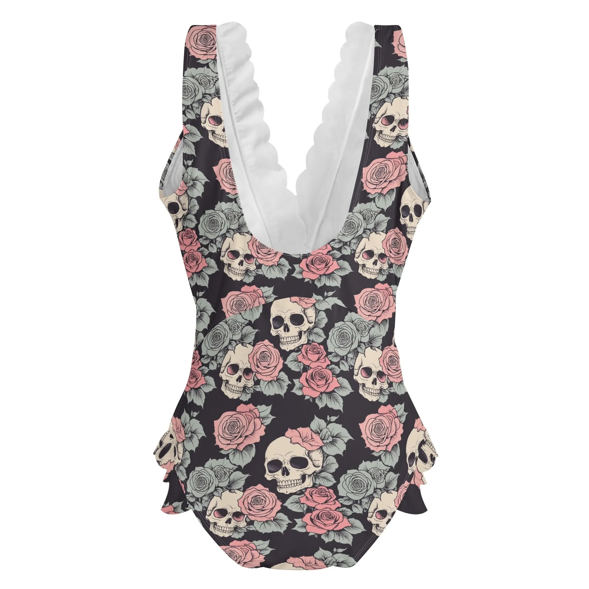Womens Skull and Pink Rose Ruffle Edge Cross-Front One Piece Swimsuit Bathing Suit