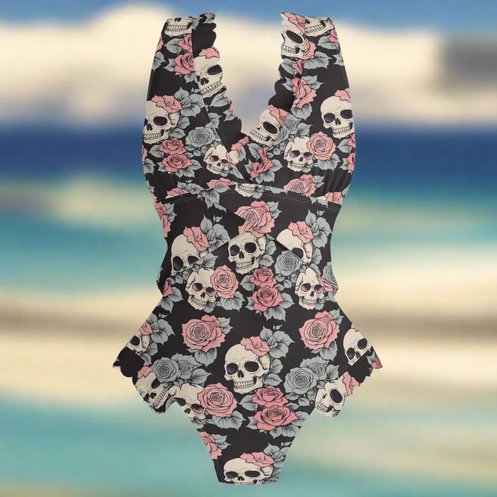 Womens Skull and Pink Rose Ruffle Edge Cross-Front One Piece Swimsuit Bathing Suit