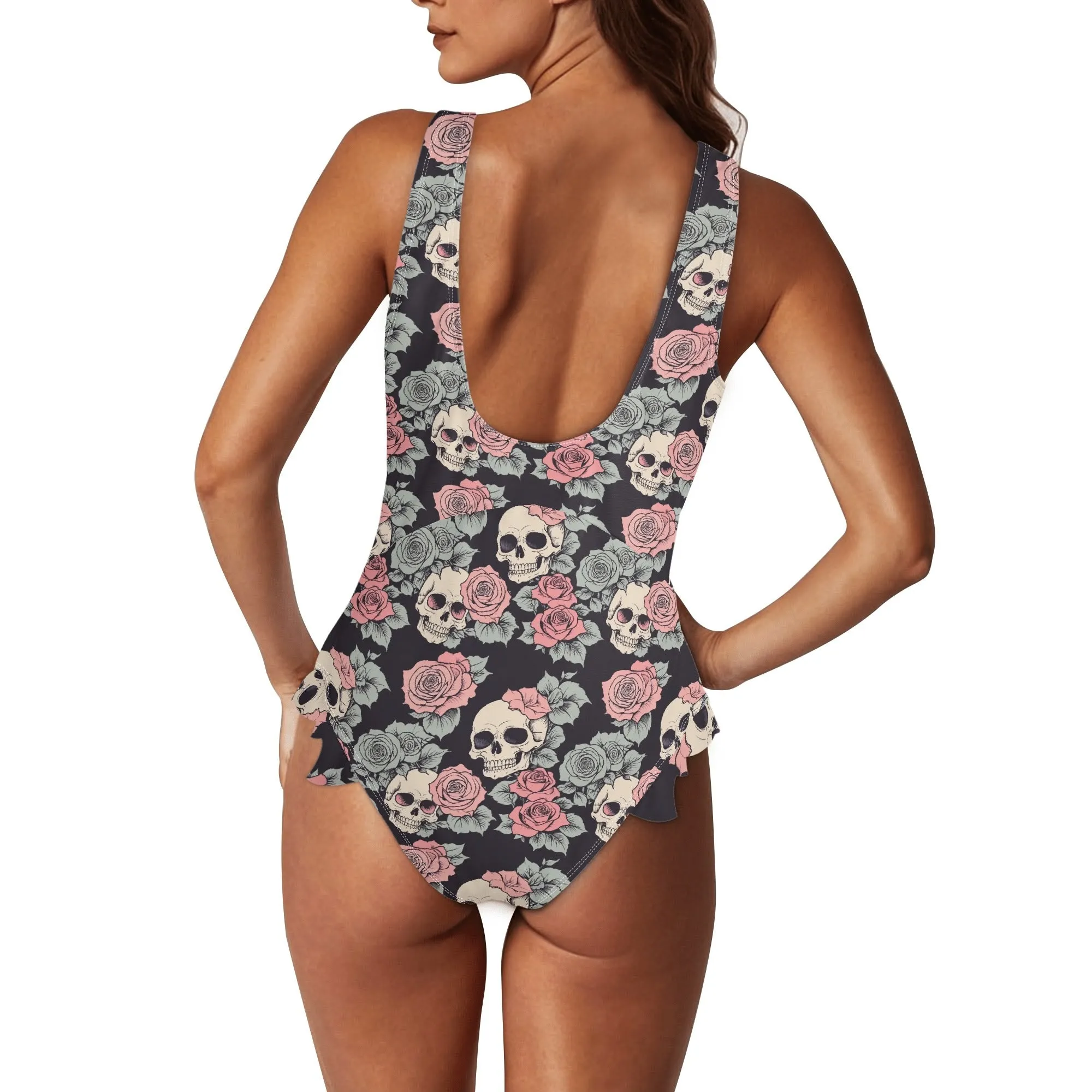 Womens Skull and Pink Rose Ruffle Edge Cross-Front One Piece Swimsuit Bathing Suit