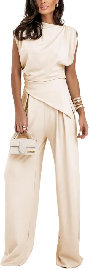Women's Summer Pants Suits Dressy Casual Irregual Jumpsuits Two Piece Outfits Sleeveless Wide Leg Rompers